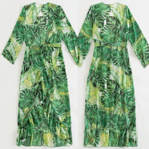 Boho gypsy tropical leaf print ruffle swim cover up maxi kimono green - Picture 2 of 2